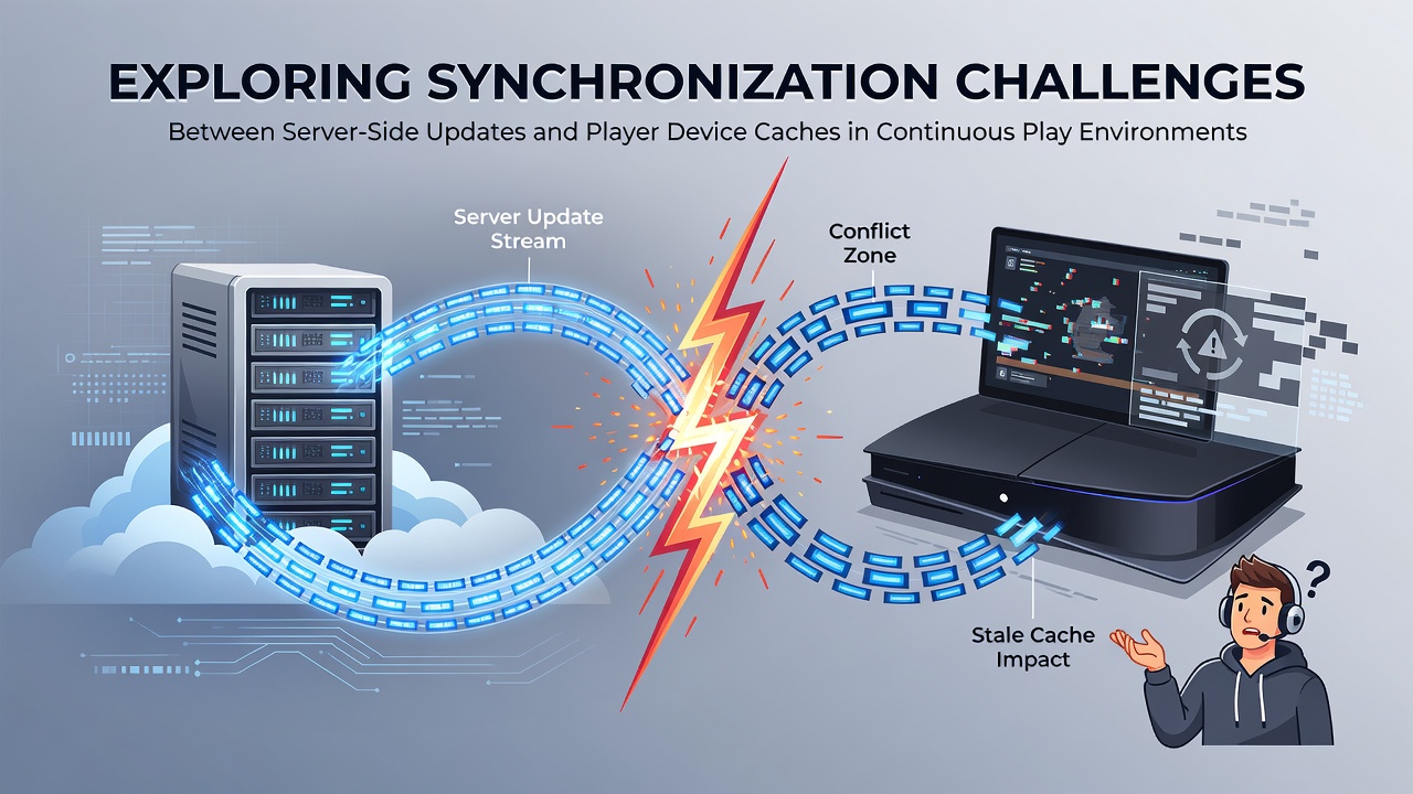 Server infrastructure diagram showing data flow between gaming servers and player devices during continuous play sessions