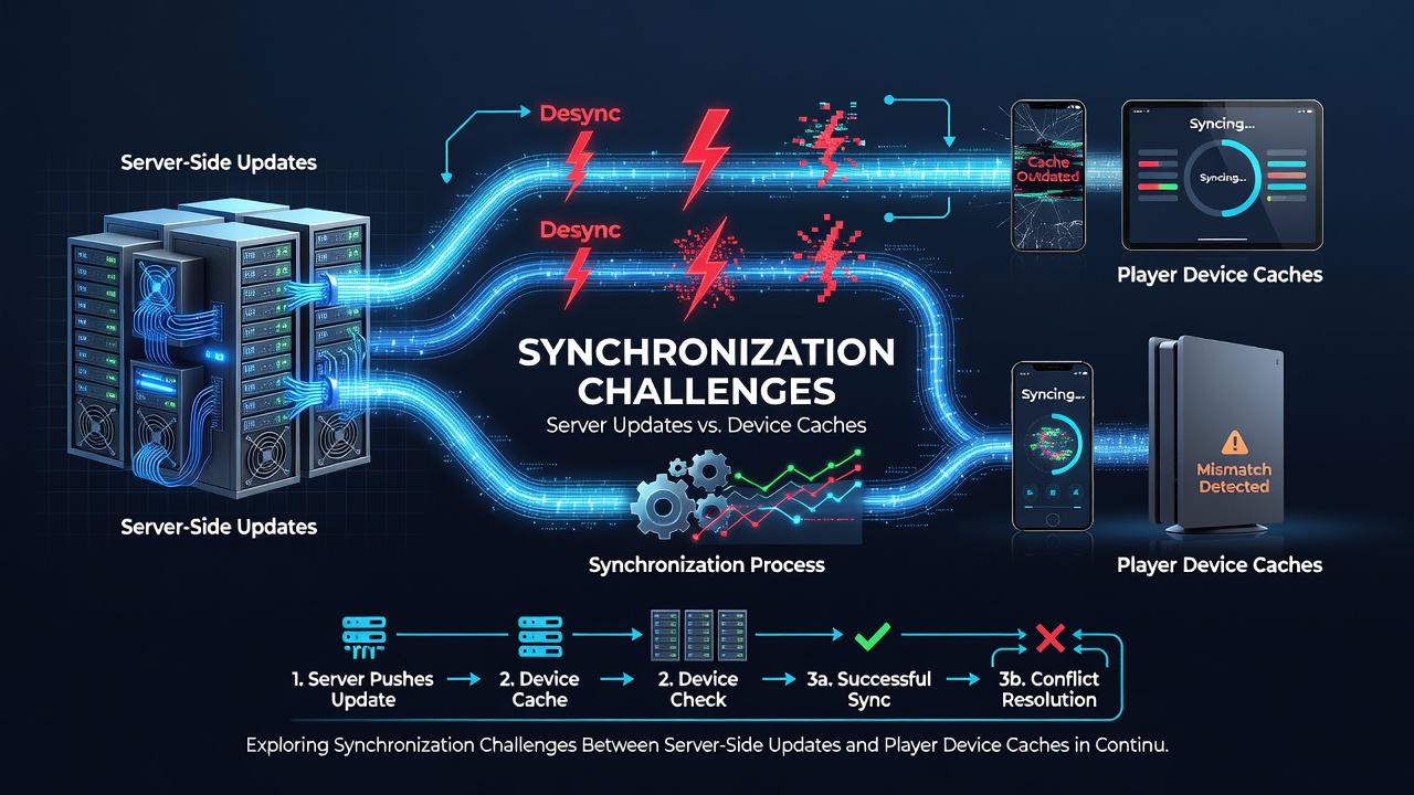 Mobile device cache visualization illustrating synchronization mismatches during ongoing gaming sessions