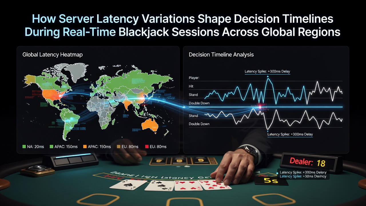 Real-time blackjack interface displaying synchronized decision timers across different network conditions