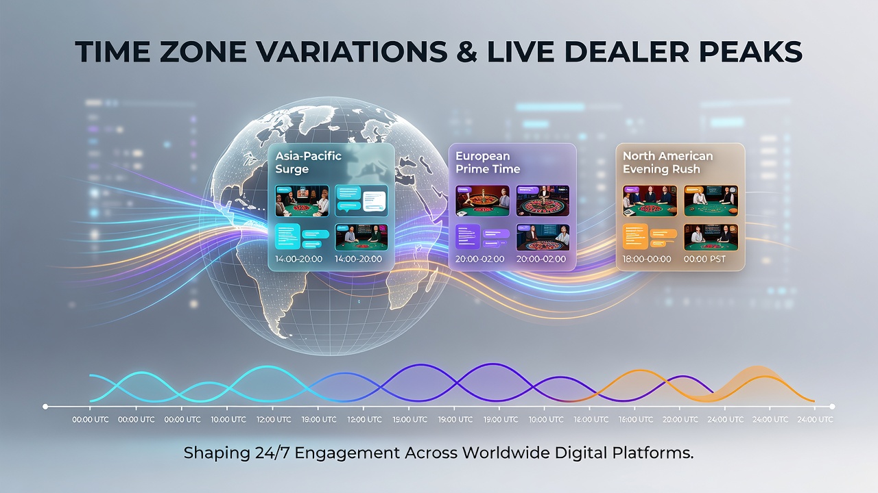 Live dealer studio with multiple tables operating under different regional time influences