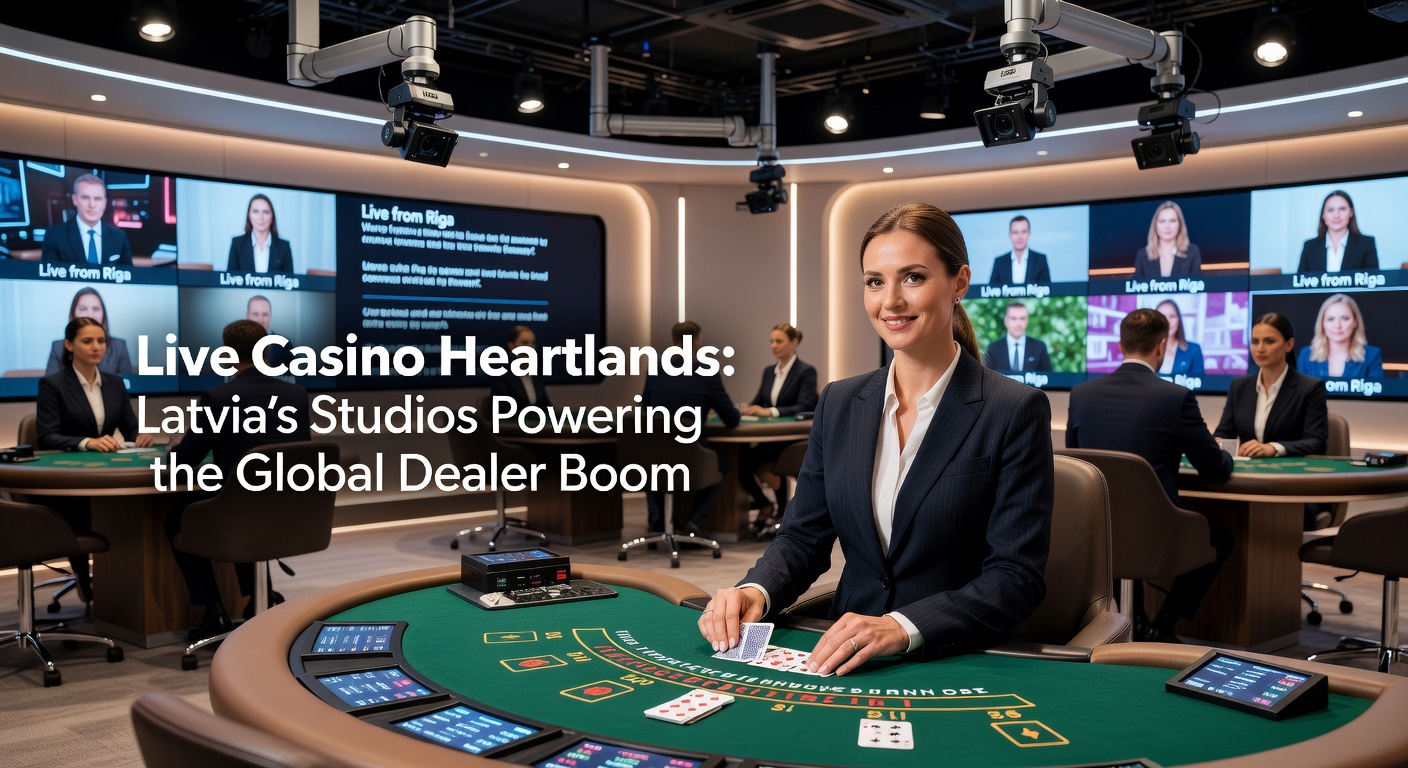 A bustling live casino studio in Riga, Latvia, with dealers at multiple tables interacting with global players via high-definition cameras