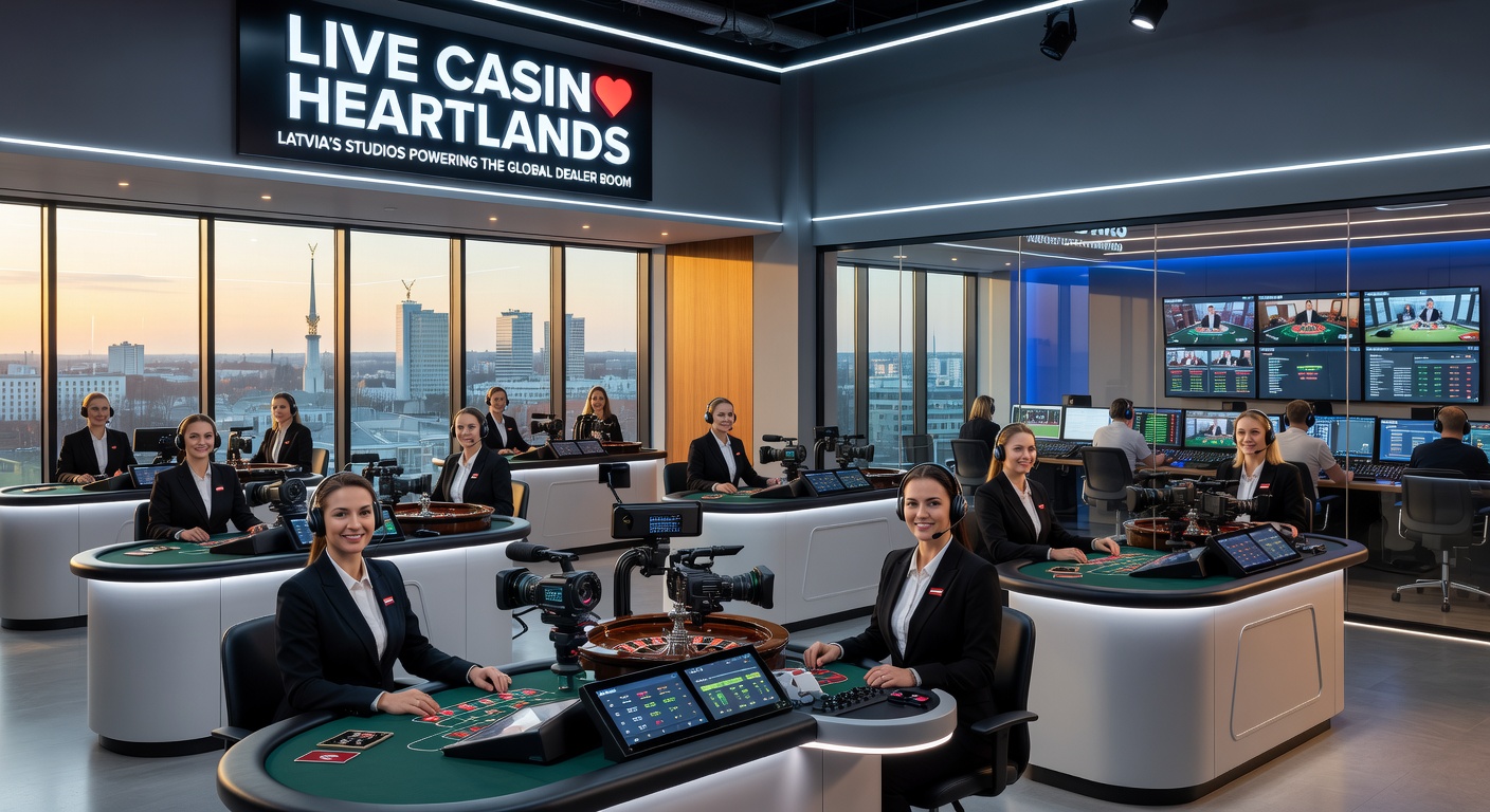 Dealers in a high-tech Latvian live casino studio monitoring multiple screens and interacting with international players in real-time