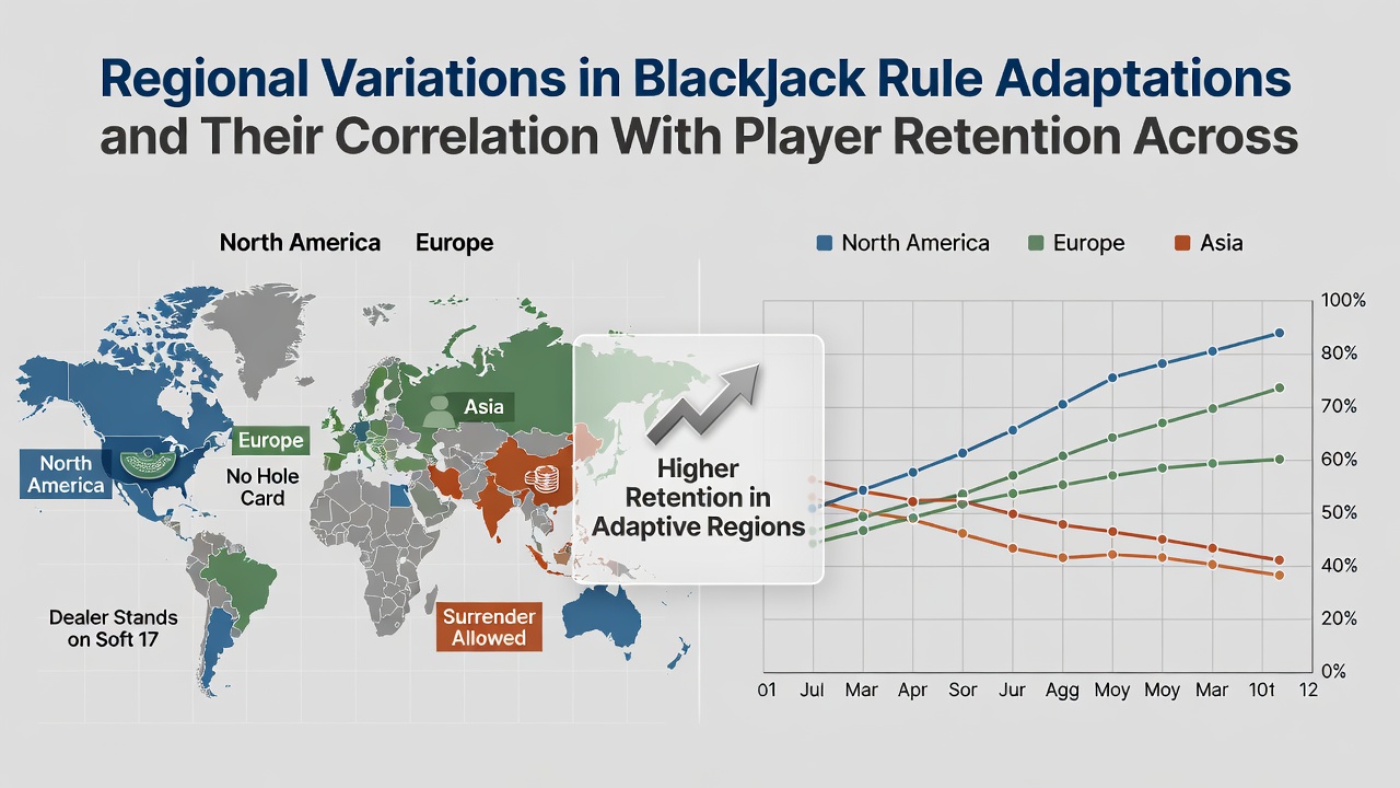 Global map highlighting blackjack rule variations and player retention statistics across licensed platforms