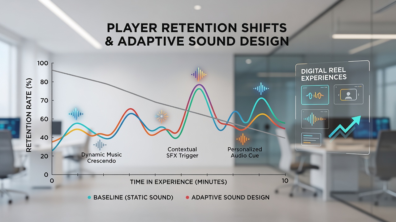 Close-up of digital reels with overlaid sound waveform visualization during an adaptive music swell