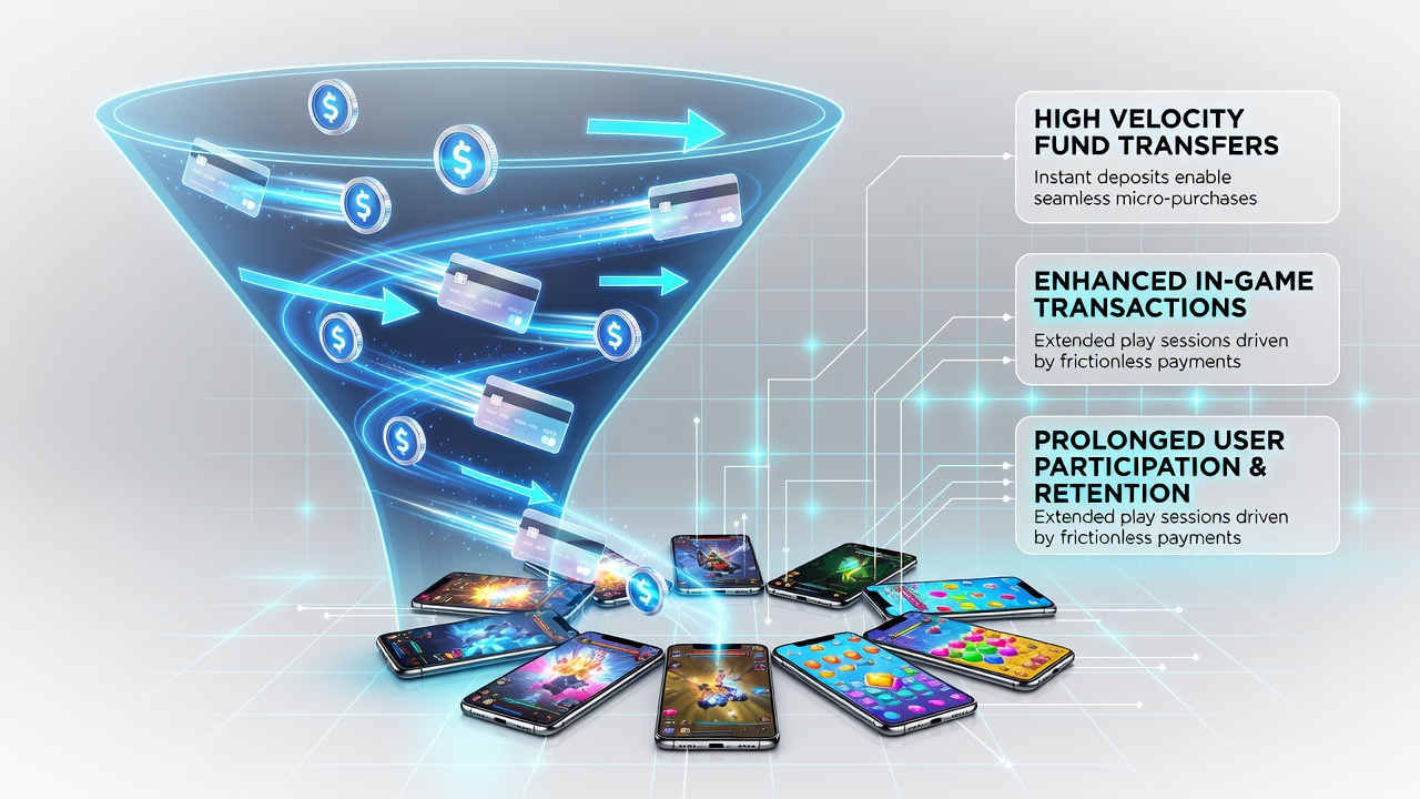 Smartphone screen displaying rapid fund transfer interface during mobile gaming session with transaction speed indicators