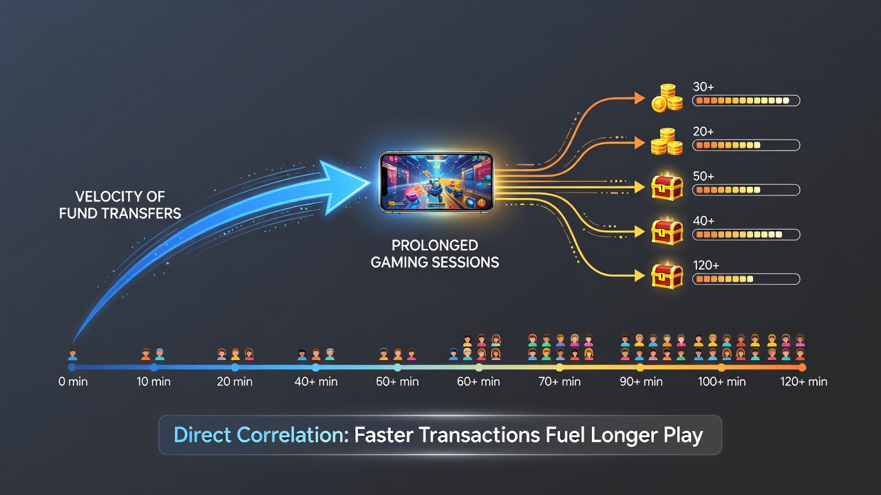 Data visualization charts showing correlation between fund transfer speeds and extended mobile gaming session durations